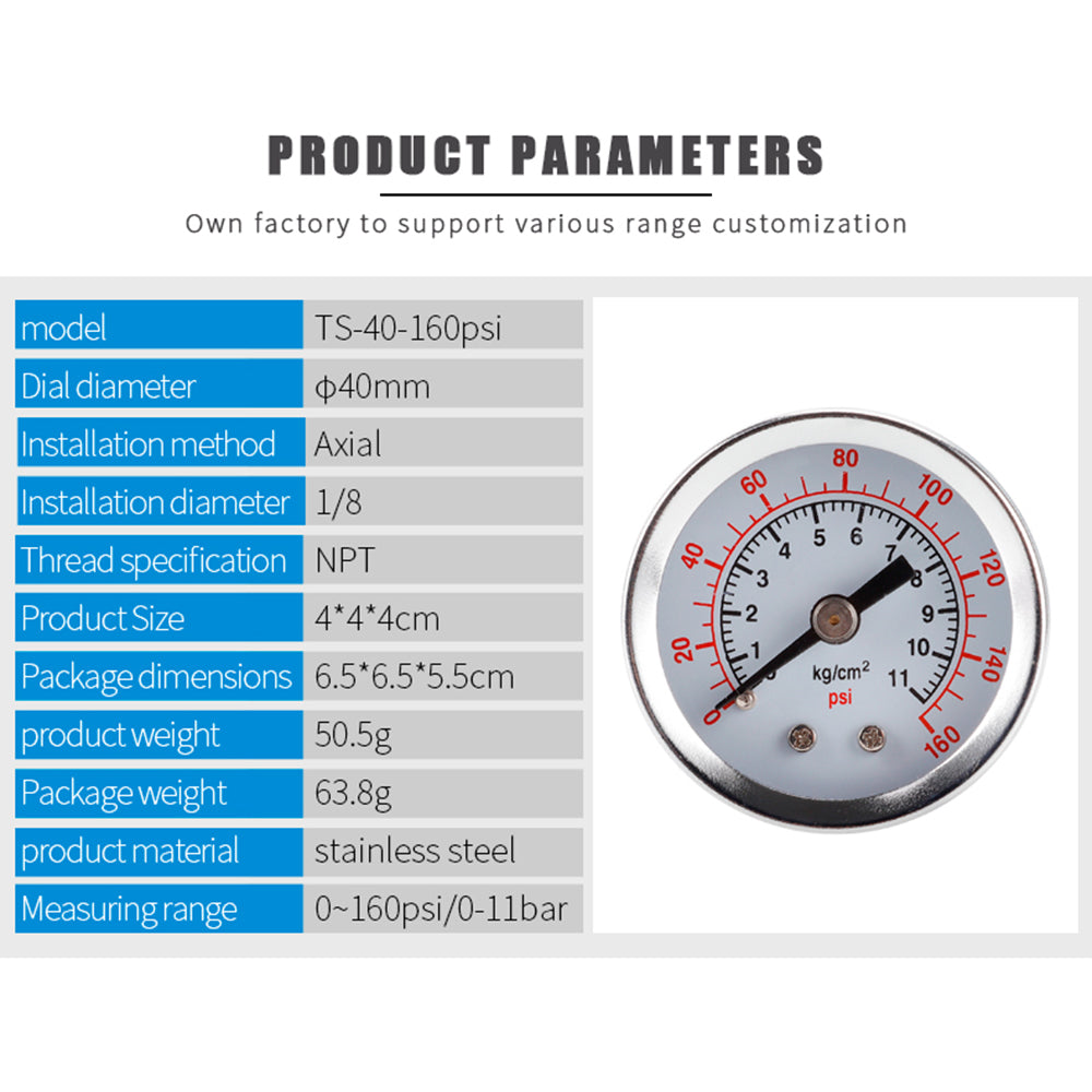 TS-40-160Psi 0-160psi / 0-11bar Stainless Steel Pressure Gauge Manometer 1 / 8 NPT Bottom Mount Water Oil Air Pressure Meter TS-40-160Psi 0-160psi / 0-11bar Stainless Steel Pressure Gauge Manometer 1 / 8 NPT Bottom Mount Water Oil Air Pressure Meter